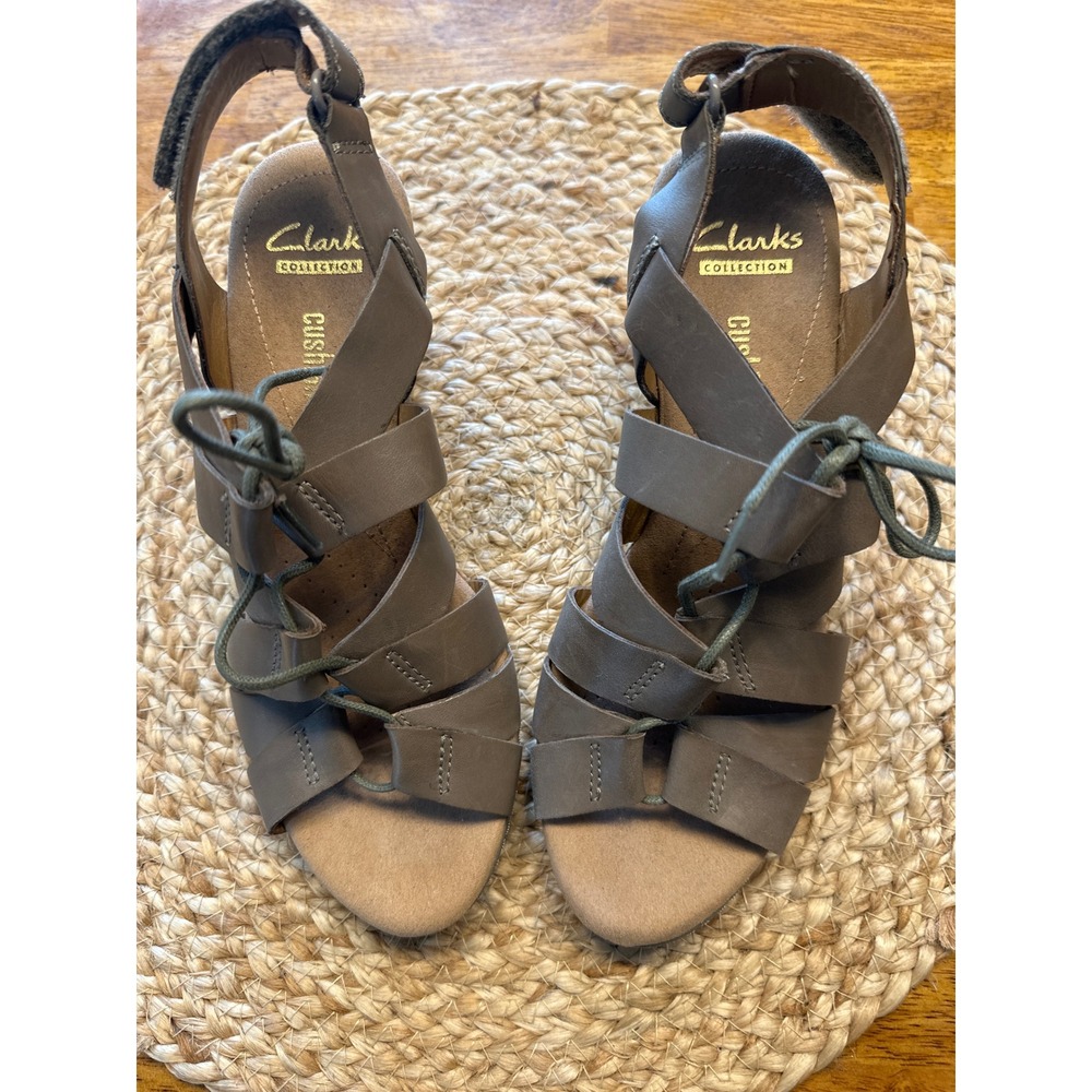 Clarks Collection Cushion Soft Taupe Leather Lace Up Wedge Sandals Womens 6.5 M